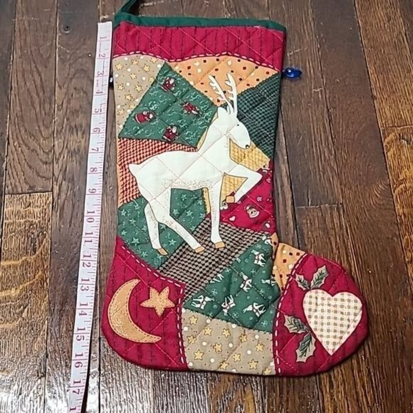 Vintage Christmas Patchwork Reindeer Snowflake Holiday Stocking Red Green - Picture 3 of 8